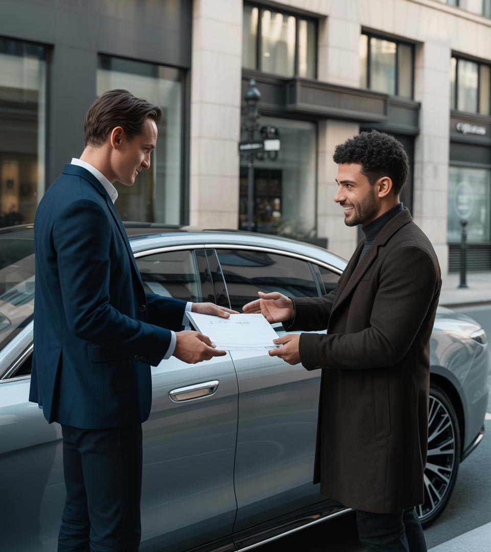 Zwei Männer übergeben Unterlagen neben einem geparkten Auto in Pfarrkirchen